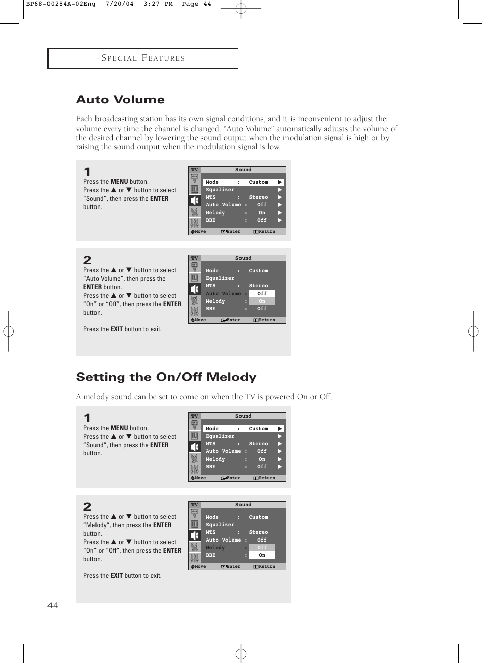 Auto volume, Setting the on/off melody | Samsung HCP5241W3S-XAA User Manual | Page 45 / 65