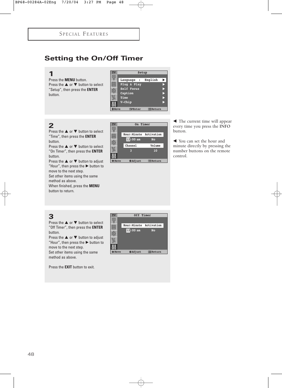 Setting the on/off timer | Samsung HCP5241W3S-XAA User Manual | Page 49 / 65