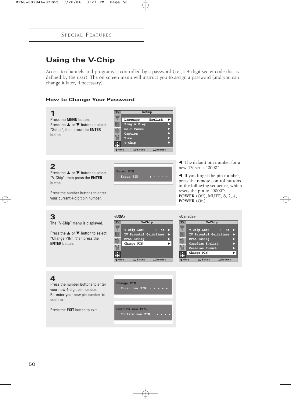 Using the v-chip, How to change your password | Samsung HCP5241W3S-XAA User Manual | Page 51 / 65