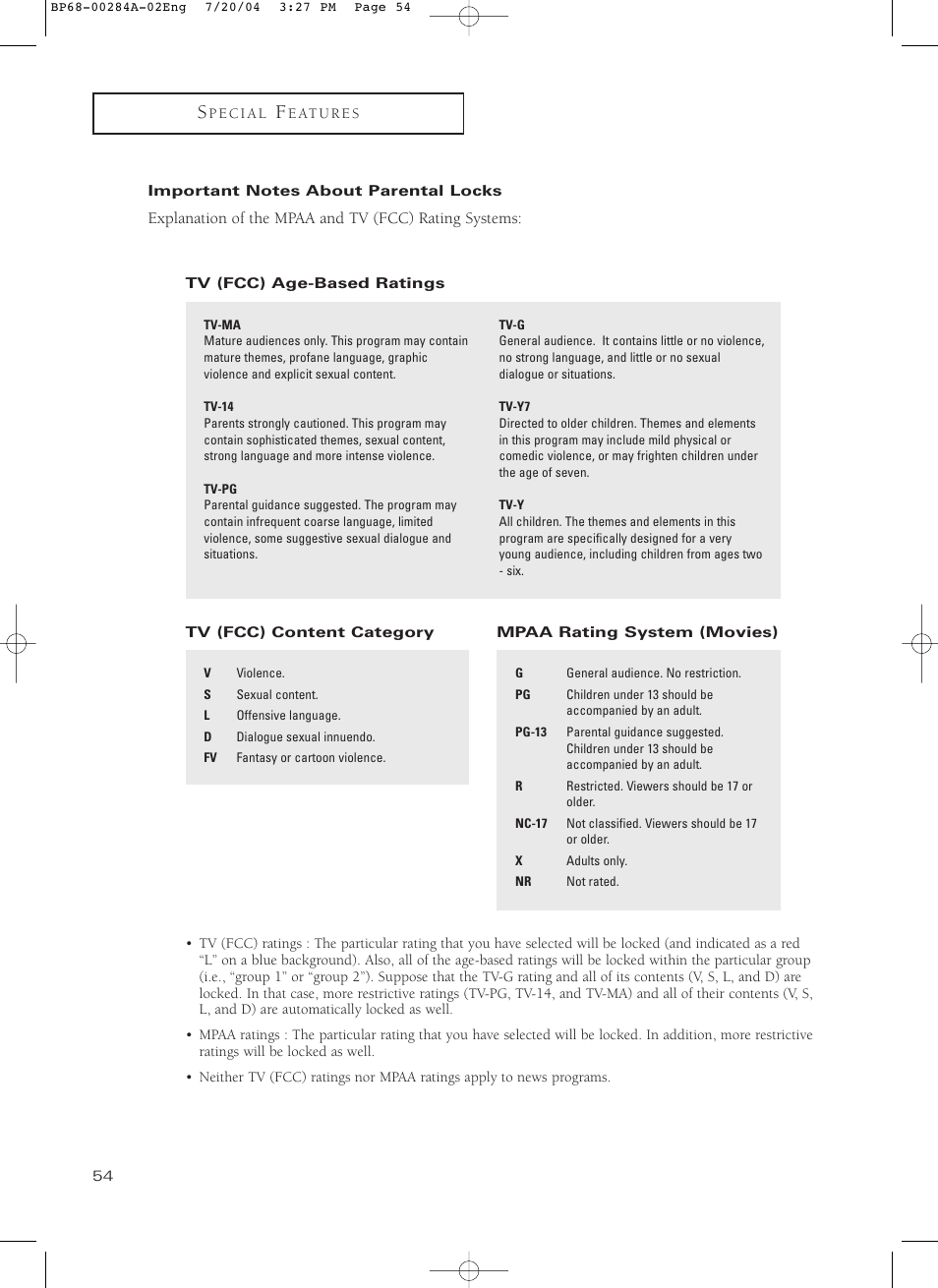 Important notes about parental locks | Samsung HCP5241W3S-XAA User Manual | Page 55 / 65