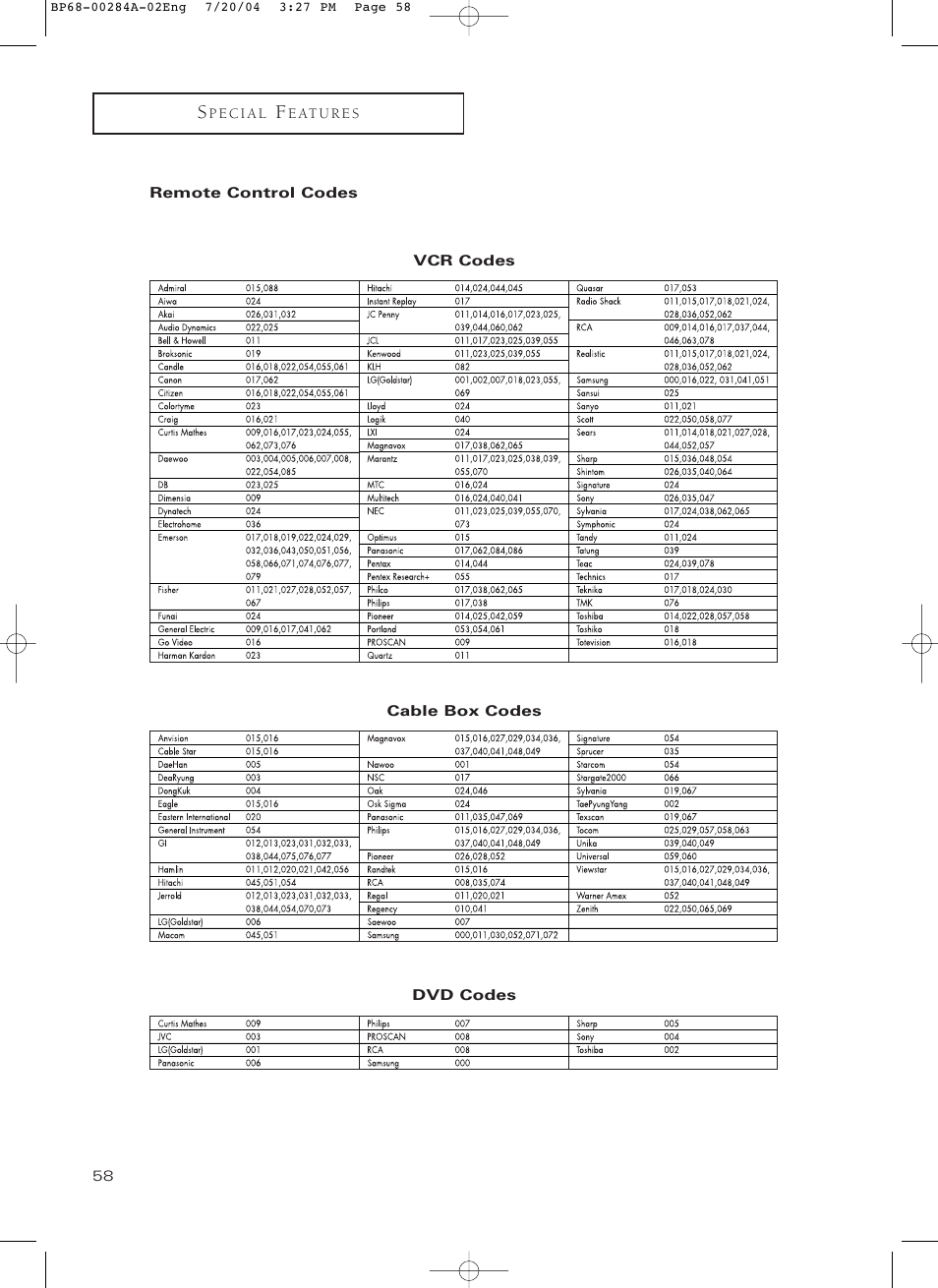 Remote control codes | Samsung HCP5241W3S-XAA User Manual | Page 59 / 65