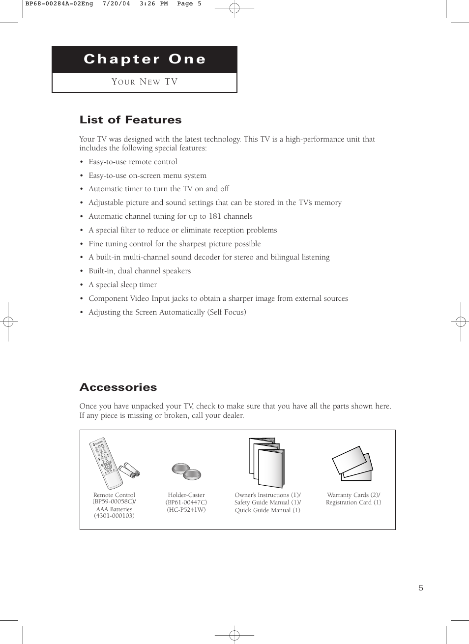 Chapter 1: your new digital tv, List of features, Accessories | Samsung HCP5241W3S-XAA User Manual | Page 6 / 65