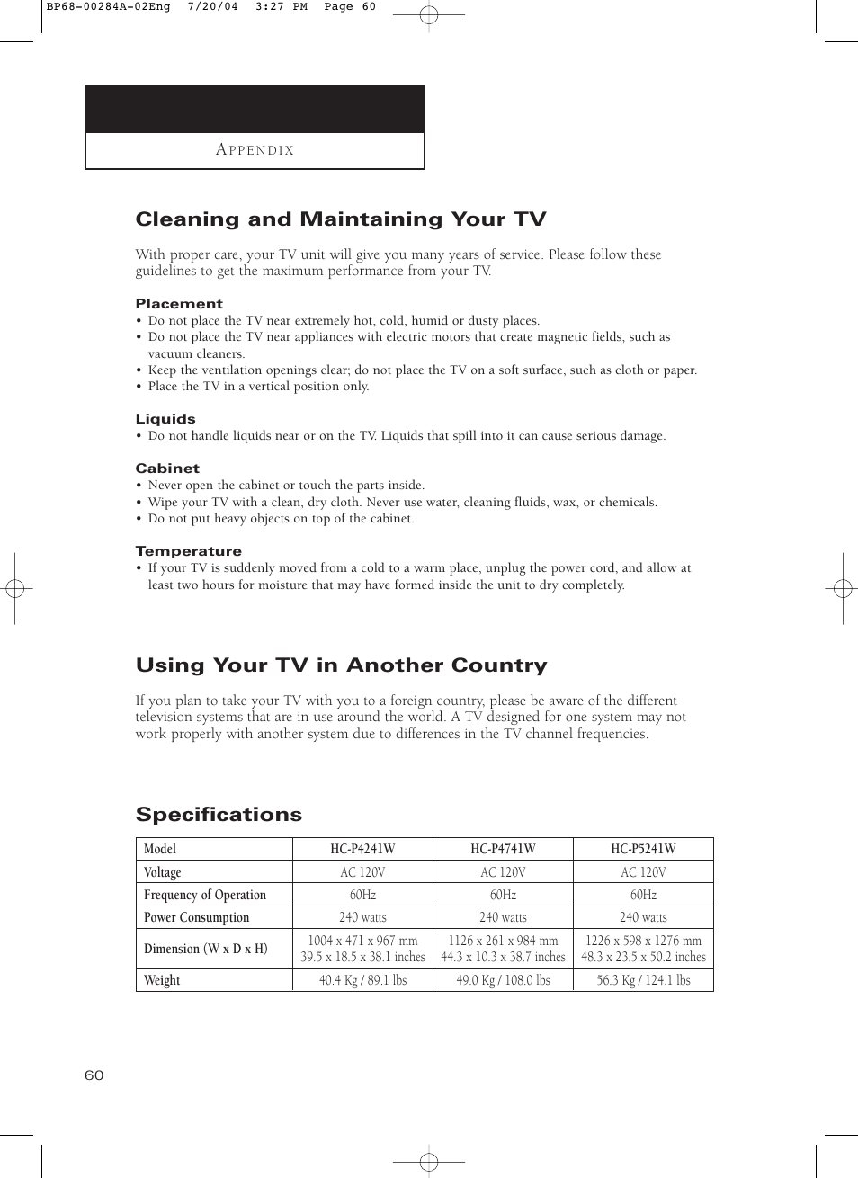 Appendix, Cleaning and maintaining your tv, Using your tv in another country | Specifications | Samsung HCP5241W3S-XAA User Manual | Page 61 / 65