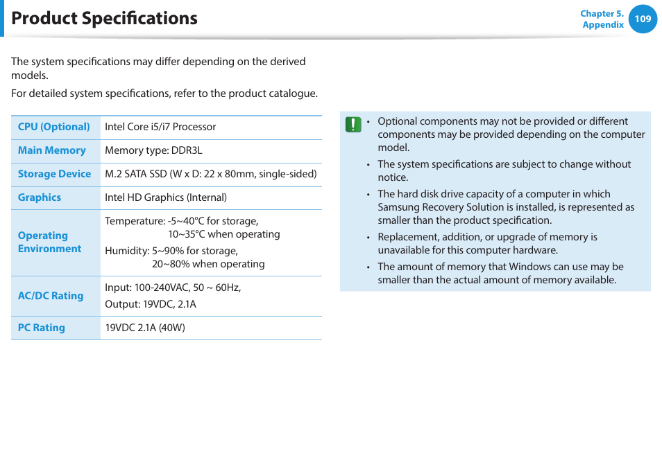 Product specifications | Samsung NP940X5J-K01US User Manual | Page 110 / 115