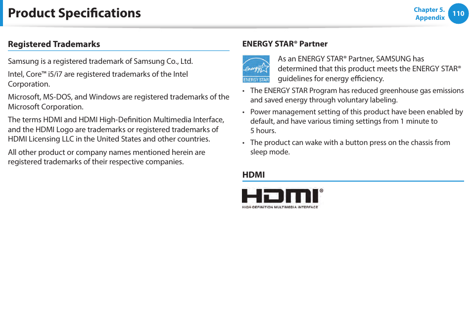 Product specifications | Samsung NP940X5J-K01US User Manual | Page 111 / 115