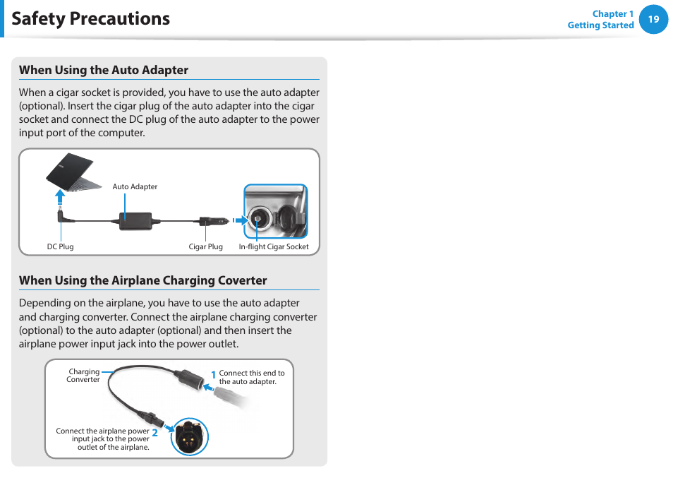 Safety precautions, When using the auto adapter, When using the airplane charging coverter | Samsung NP940X5J-K01US User Manual | Page 20 / 115