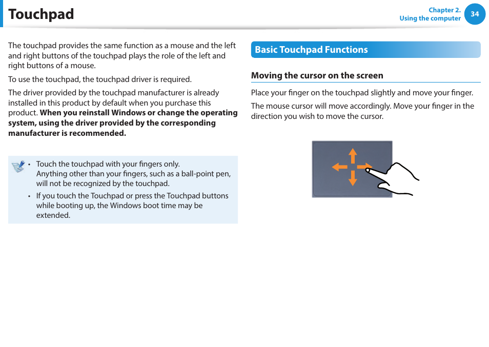 Touchpad | Samsung NP940X5J-K01US User Manual | Page 35 / 115