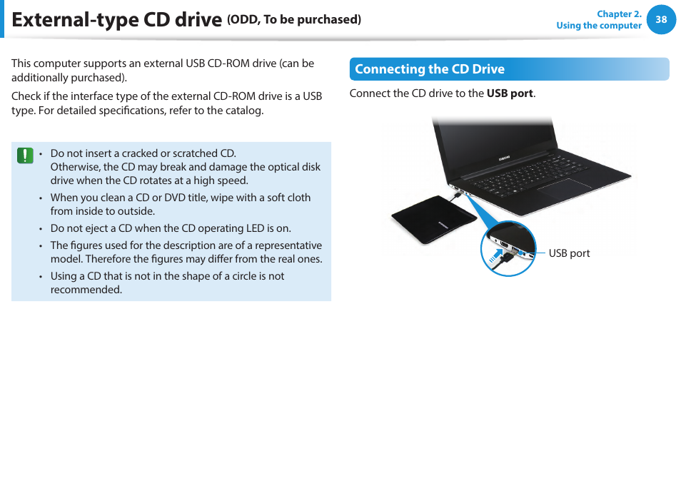 External-type cd drive (odd, to be purchased), External-type cd drive | Samsung NP940X5J-K01US User Manual | Page 39 / 115