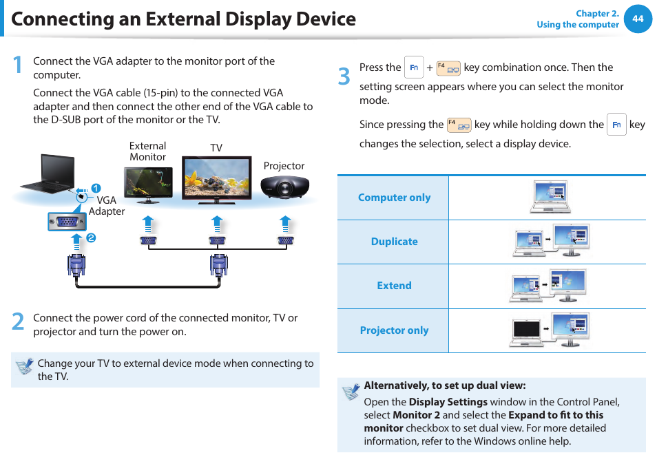 Connecting an external display device | Samsung NP940X5J-K01US User Manual | Page 45 / 115