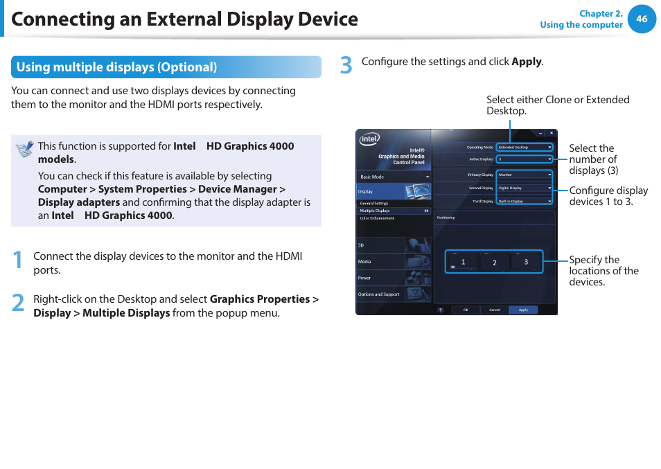 Connecting an external display device | Samsung NP940X5J-K01US User Manual | Page 47 / 115