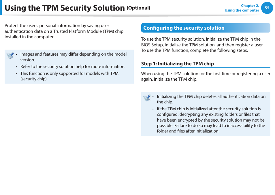 Using the tpm security solution (optional), Using the tpm security solution | Samsung NP940X5J-K01US User Manual | Page 56 / 115