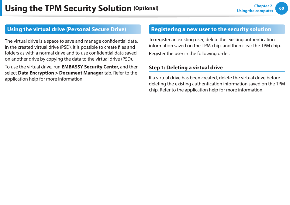 Using the tpm security solution | Samsung NP940X5J-K01US User Manual | Page 61 / 115
