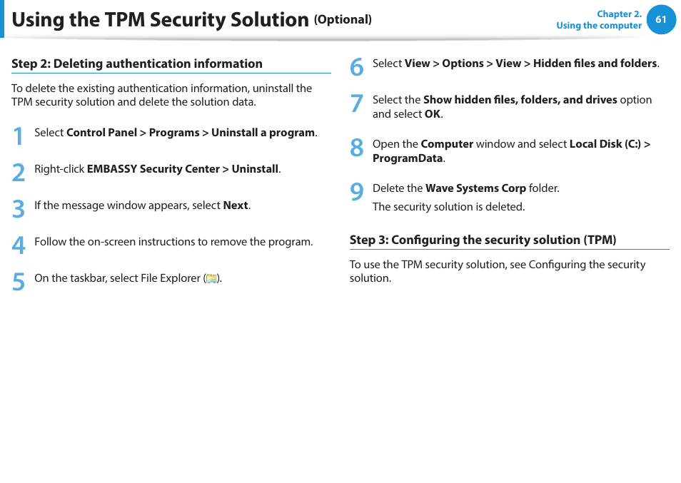 Using the tpm security solution | Samsung NP940X5J-K01US User Manual | Page 62 / 115