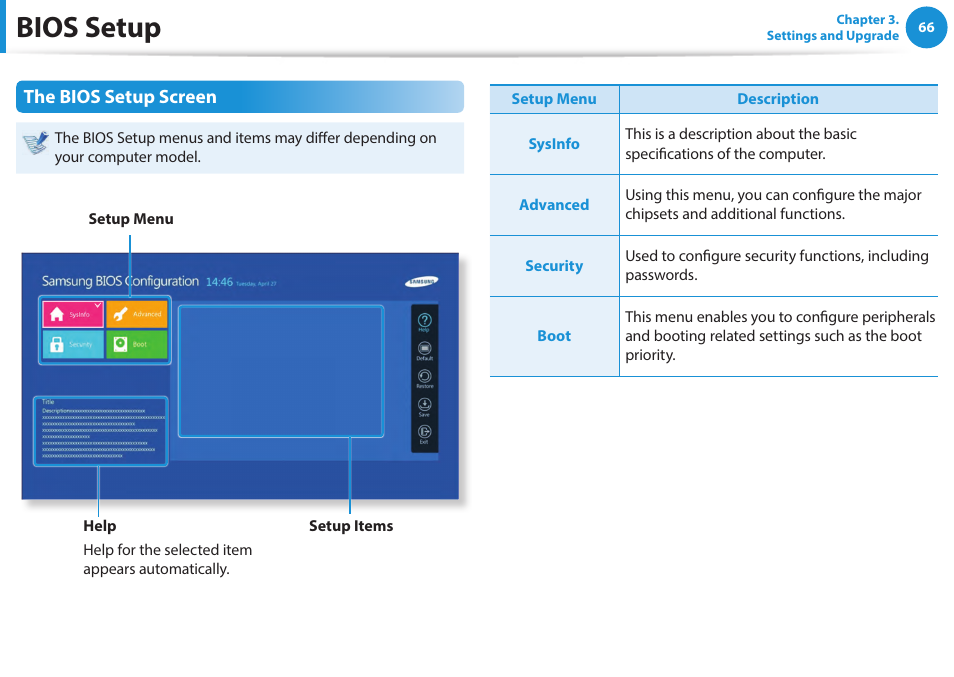 Bios setup, The bios setup screen | Samsung NP940X5J-K01US User Manual | Page 67 / 115