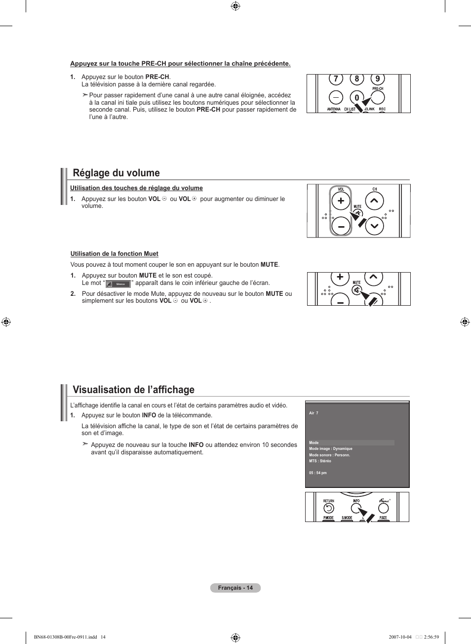 Réglage du volume, Visualisation de l’affichage | Samsung LNT7081FX-XAA User Manual | Page 104 / 266