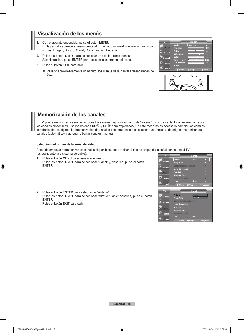 Visualización de los menús | Samsung LNT7081FX-XAA User Manual | Page 193 / 266
