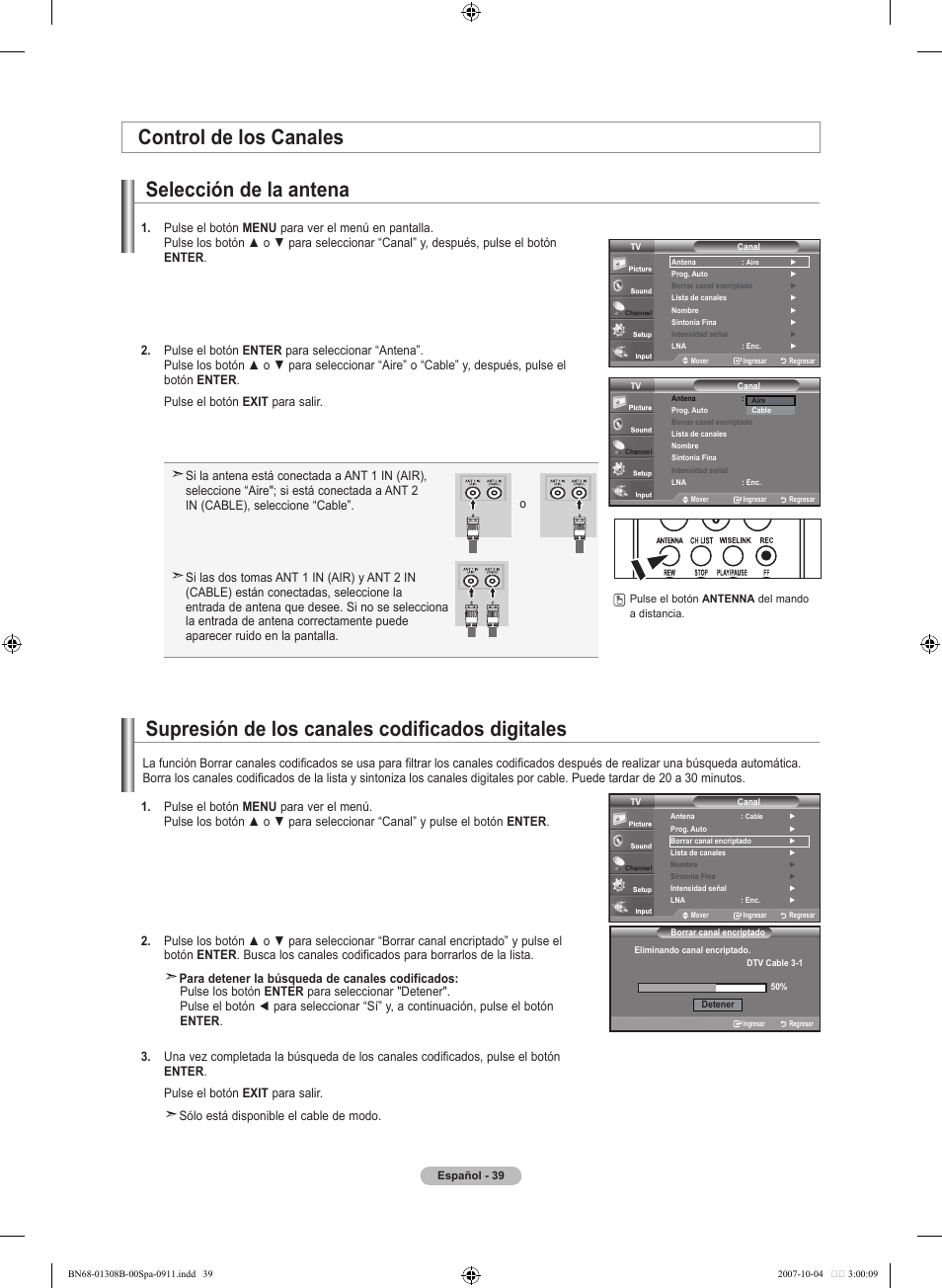 Control de los canales selección de la antena, Supresión de los canales codificados digitales | Samsung LNT7081FX-XAA User Manual | Page 217 / 266