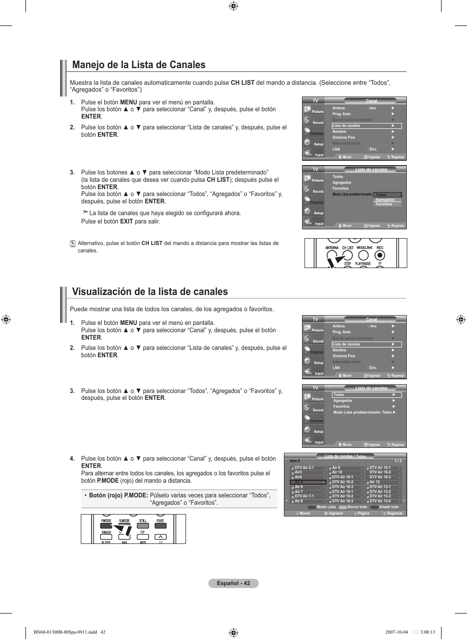 Manejo de la lista de canales, Visualización de la lista de canales | Samsung LNT7081FX-XAA User Manual | Page 220 / 266