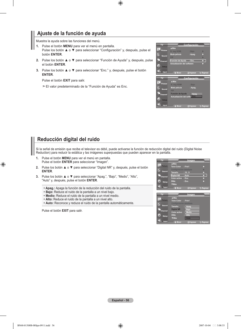 Ajuste de la función de ayuda, Reducción digital del ruido | Samsung LNT7081FX-XAA User Manual | Page 234 / 266
