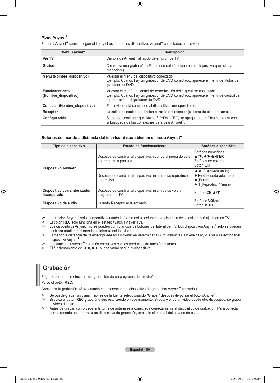 Grabación | Samsung LNT7081FX-XAA User Manual | Page 258 / 266