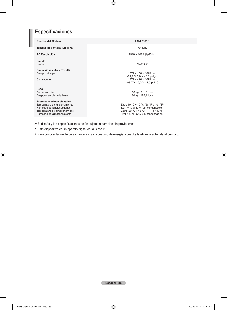 Especificaciones | Samsung LNT7081FX-XAA User Manual | Page 264 / 266