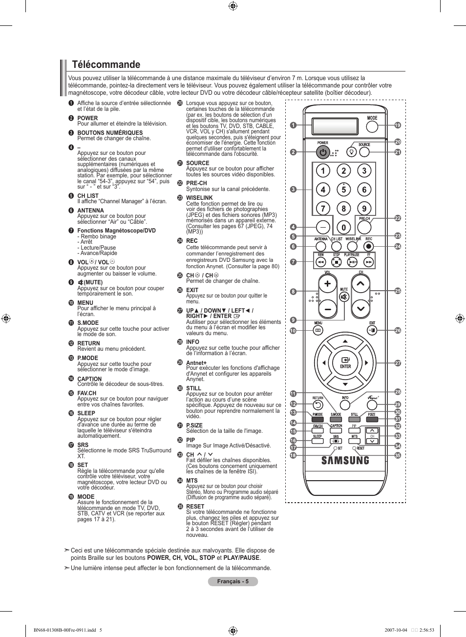 Télécommande | Samsung LNT7081FX-XAA User Manual | Page 95 / 266