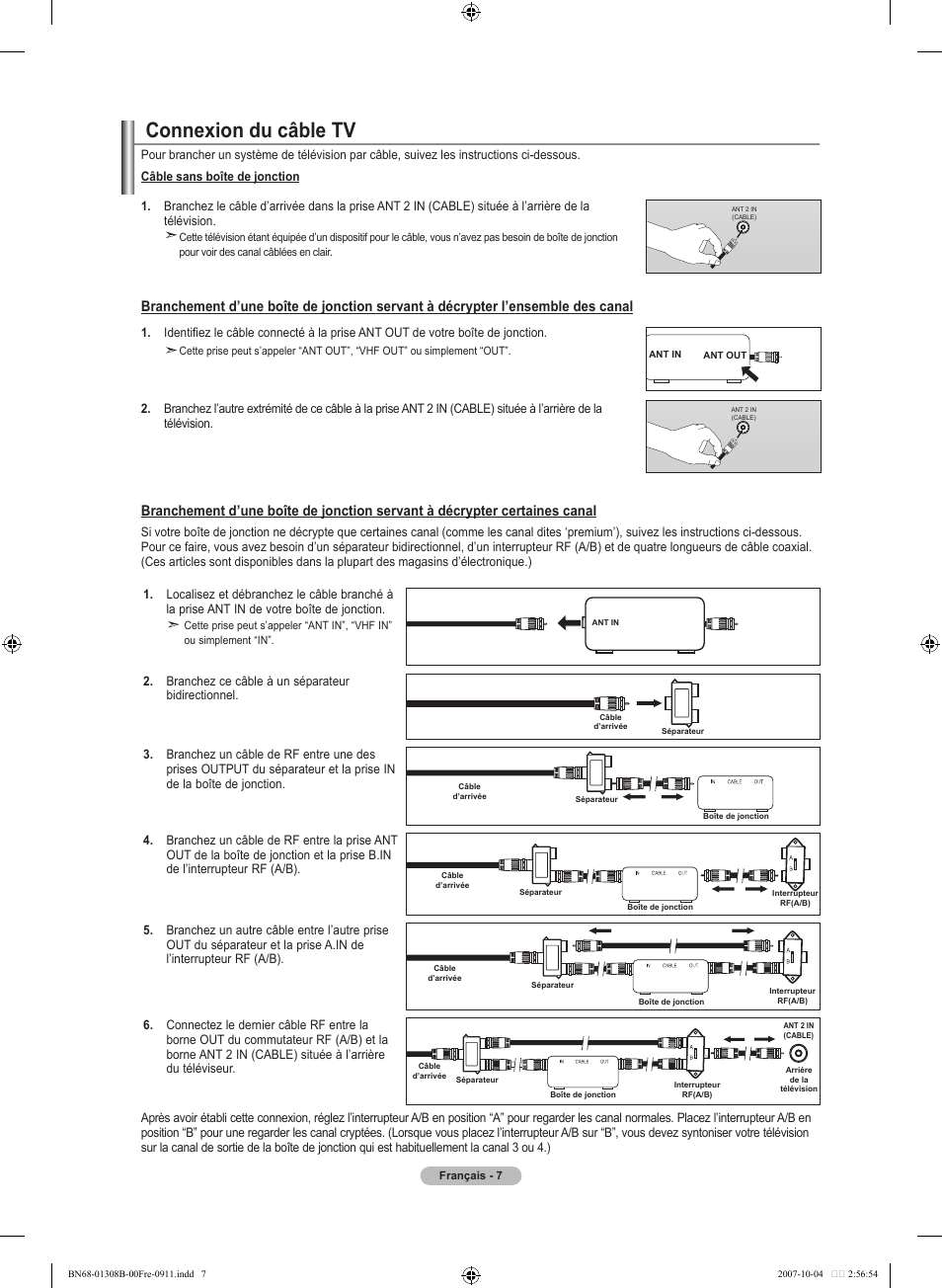 Connexion du câble tv | Samsung LNT7081FX-XAA User Manual | Page 97 / 266