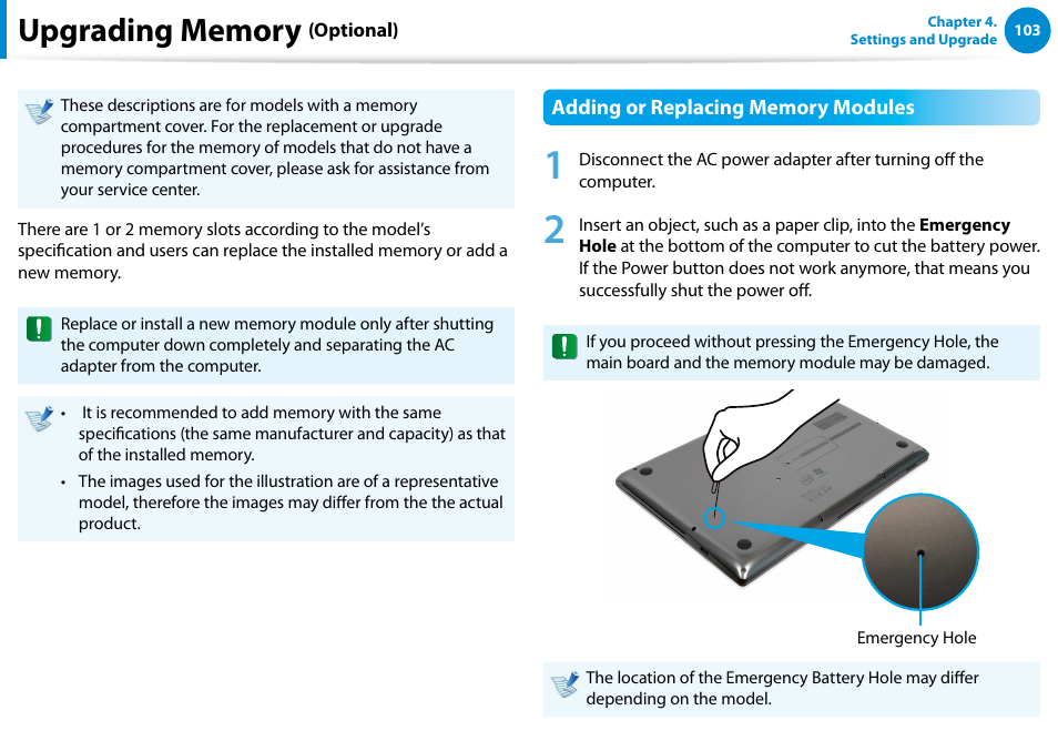 Upgrading memory (optional) | Samsung NP700Z5A-S09US User Manual | Page 104 / 156