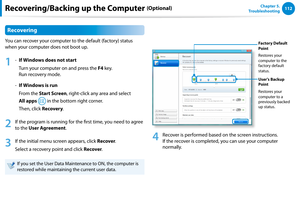 Recovering/backing up the computer | Samsung NP700Z5A-S09US User Manual | Page 113 / 156