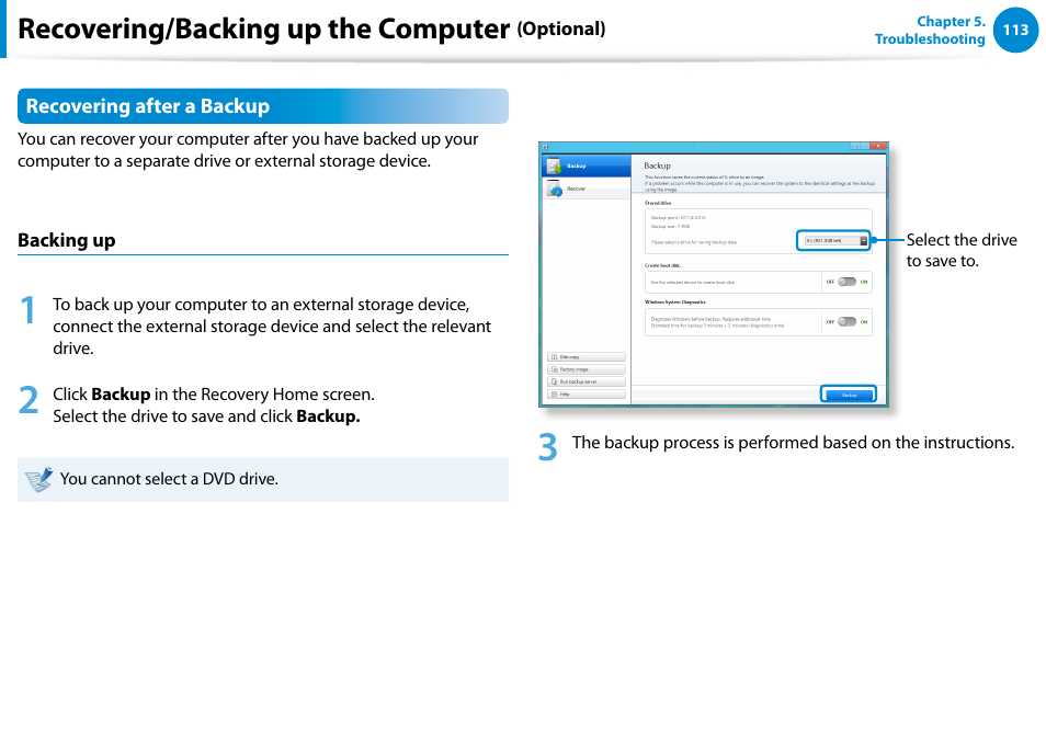 Recovering/backing up the computer | Samsung NP700Z5A-S09US User Manual | Page 114 / 156
