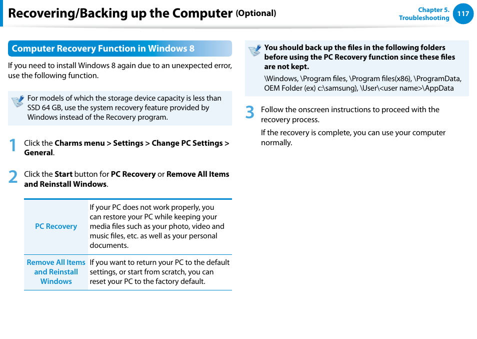 Recovering/backing up the computer | Samsung NP700Z5A-S09US User Manual | Page 118 / 156