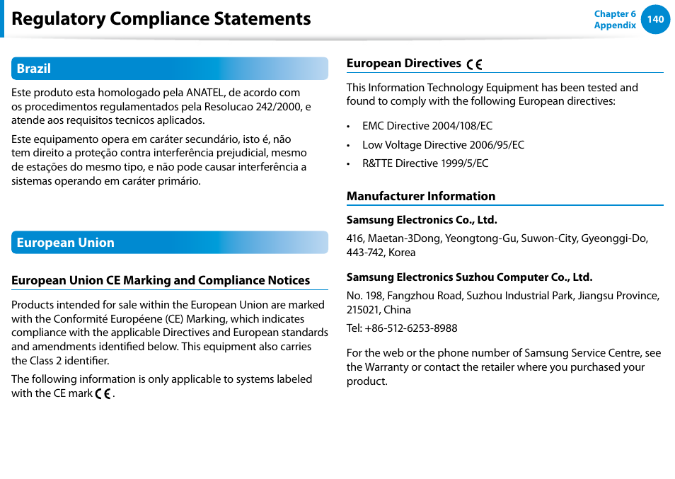 Regulatory compliance statements | Samsung NP700Z5A-S09US User Manual | Page 141 / 156