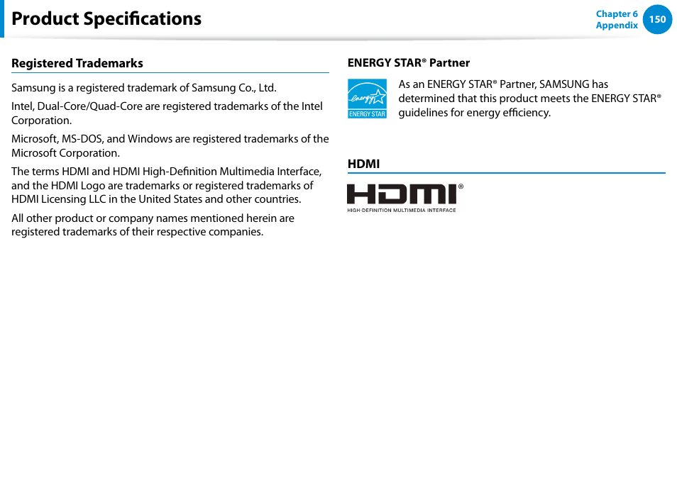 Product specifications | Samsung NP700Z5A-S09US User Manual | Page 151 / 156