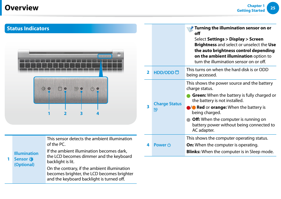 Overview, Status indicators | Samsung NP700Z5A-S09US User Manual | Page 26 / 156