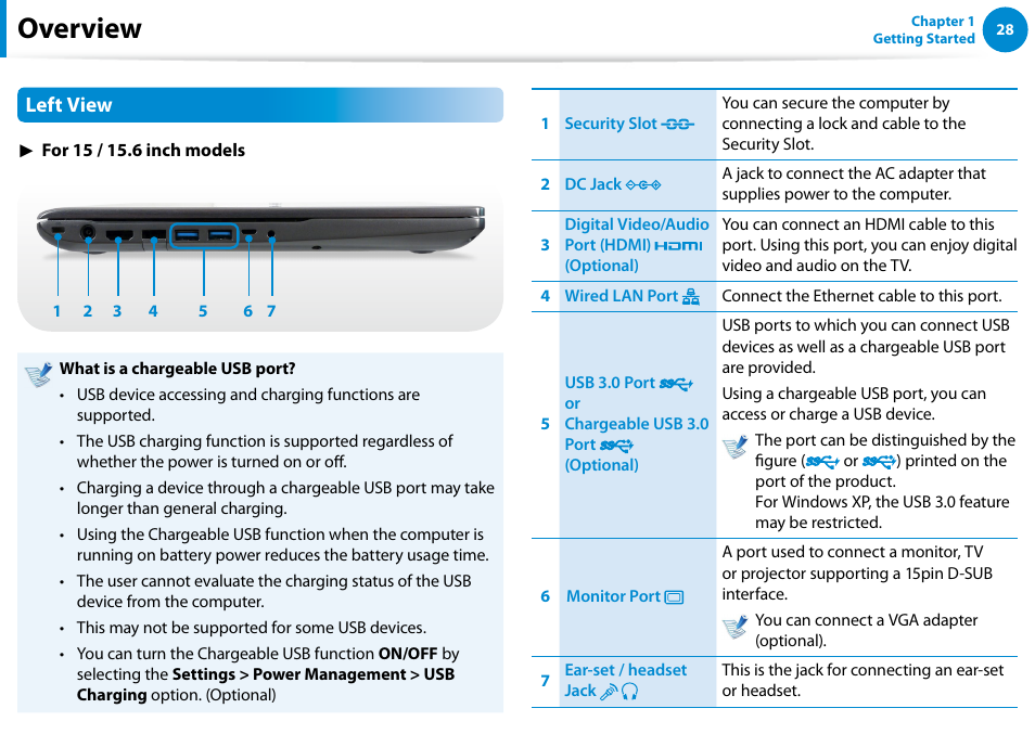 Overview, Left view | Samsung NP700Z5A-S09US User Manual | Page 29 / 156