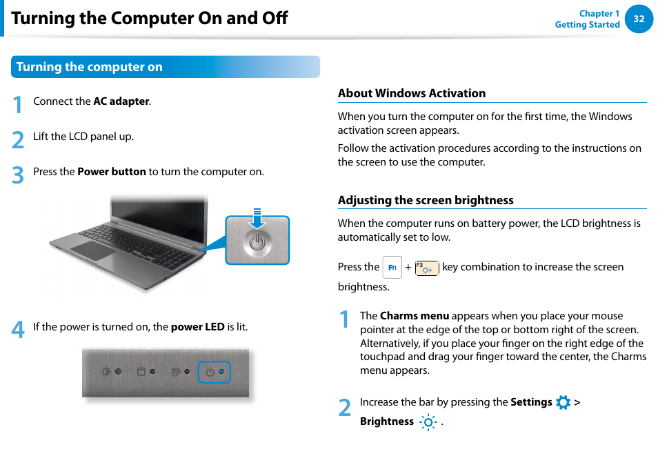 Turning the computer on and off | Samsung NP700Z5A-S09US User Manual | Page 33 / 156