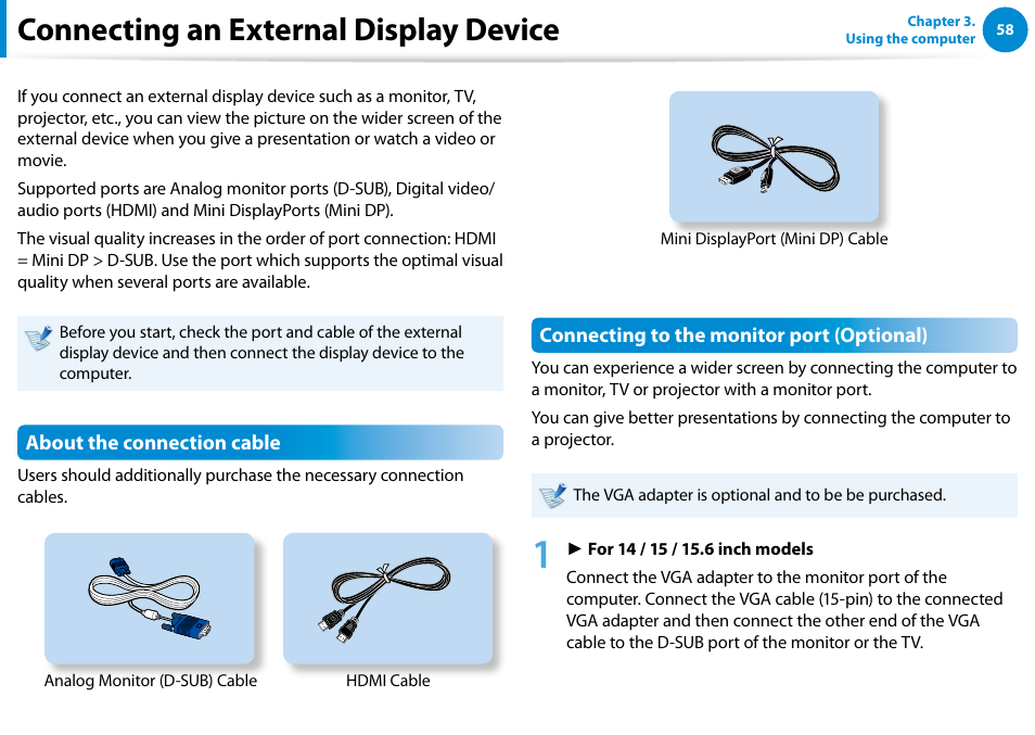 Connecting an external display device | Samsung NP700Z5A-S09US User Manual | Page 59 / 156