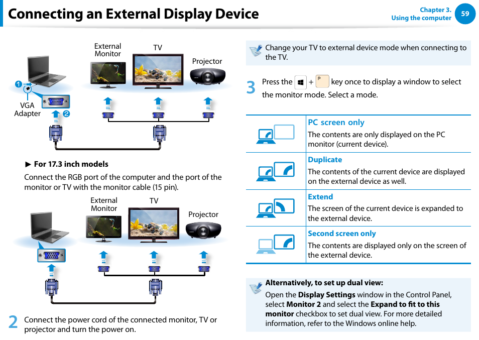 Connecting an external display device | Samsung NP700Z5A-S09US User Manual | Page 60 / 156
