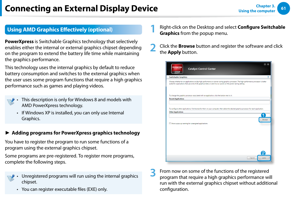 Connecting an external display device | Samsung NP700Z5A-S09US User Manual | Page 62 / 156