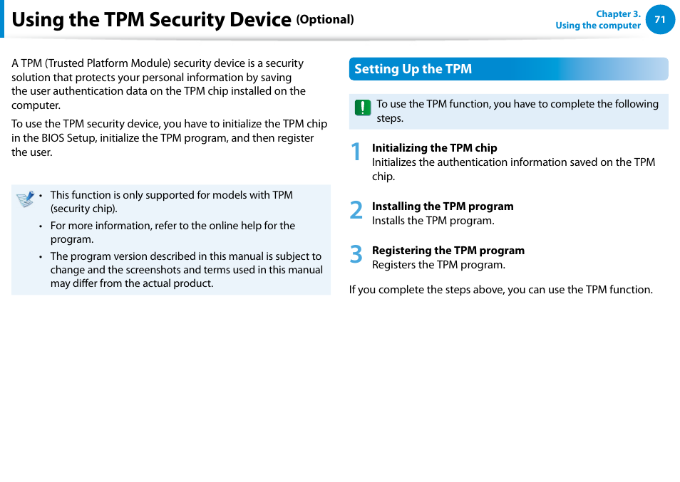 Using the tpm security device (optional), Using the tpm security device | Samsung NP700Z5A-S09US User Manual | Page 72 / 156