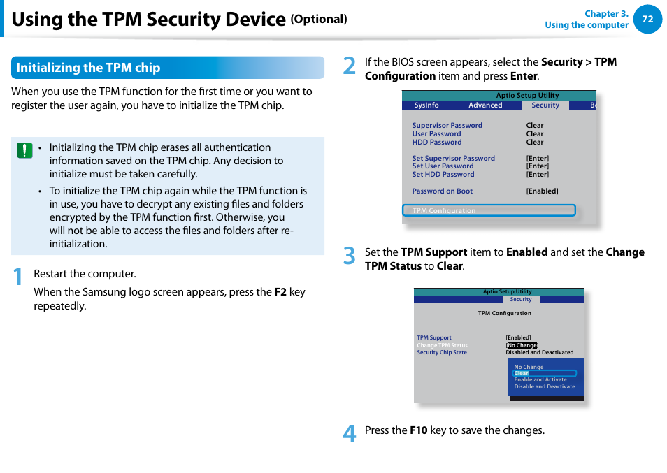 Using the tpm security device, Initializing the tpm chip, Optional) | Samsung NP700Z5A-S09US User Manual | Page 73 / 156