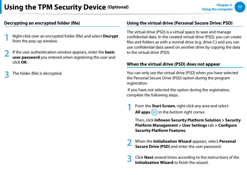 Using the tpm security device | Samsung NP700Z5A-S09US User Manual | Page 78 / 156