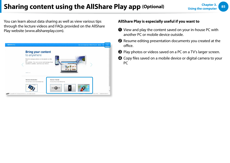 Sharing content using the allshare play app, Optional) | Samsung NP700Z5A-S09US User Manual | Page 86 / 156