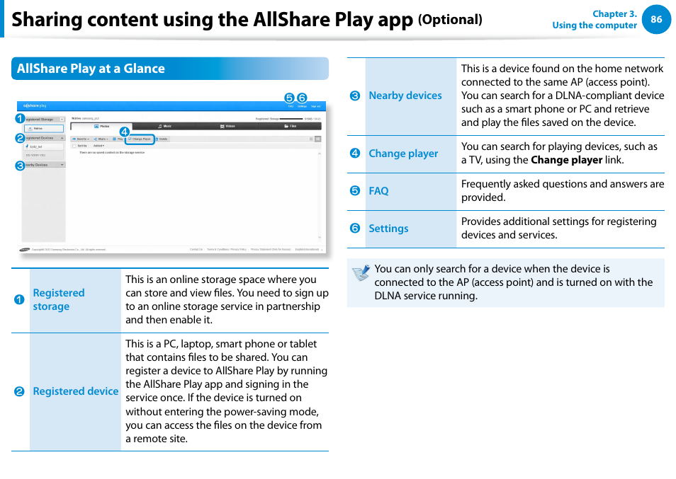 Sharing content using the allshare play app, Optional), Allshare play at a glance | Samsung NP700Z5A-S09US User Manual | Page 87 / 156