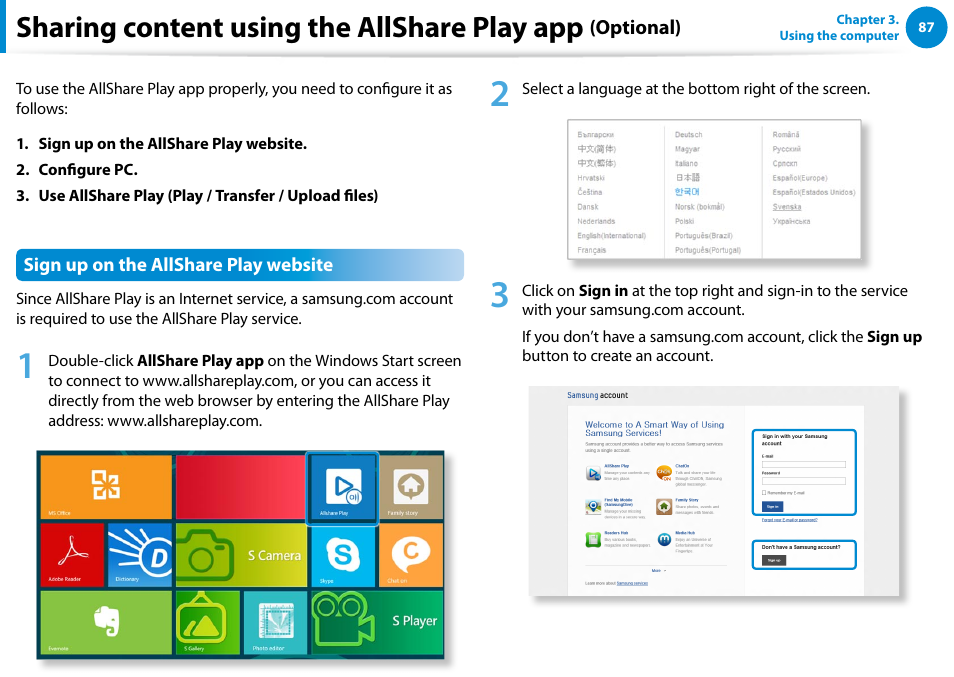 Sharing content using the allshare play app | Samsung NP700Z5A-S09US User Manual | Page 88 / 156