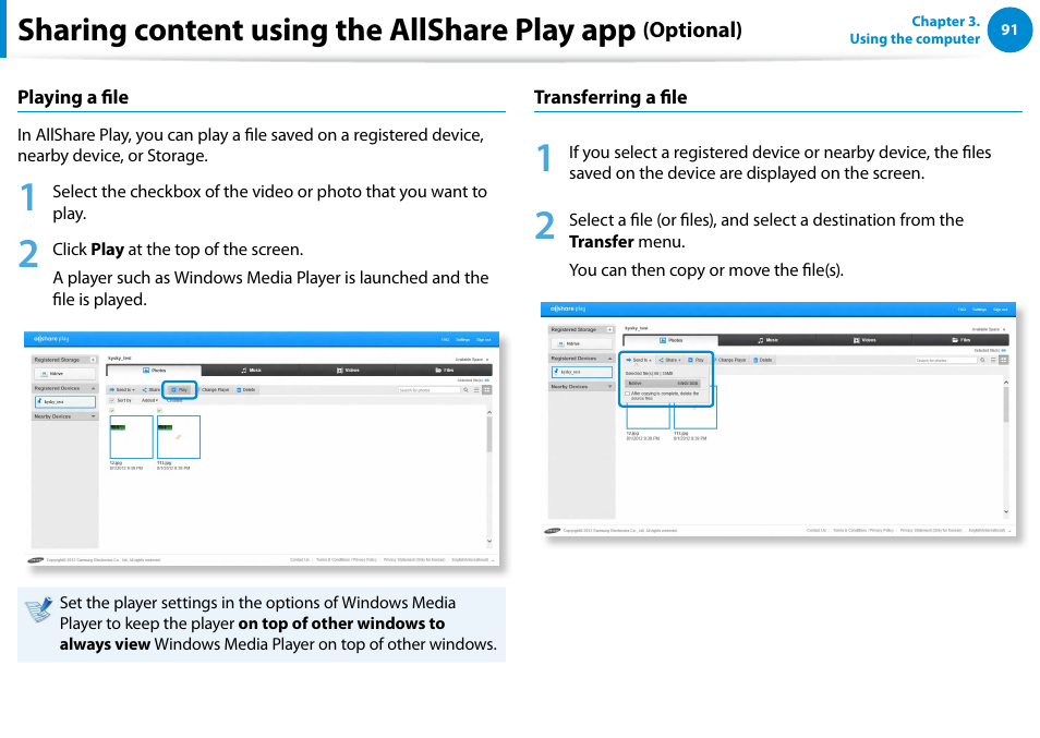 Sharing content using the allshare play app | Samsung NP700Z5A-S09US User Manual | Page 92 / 156