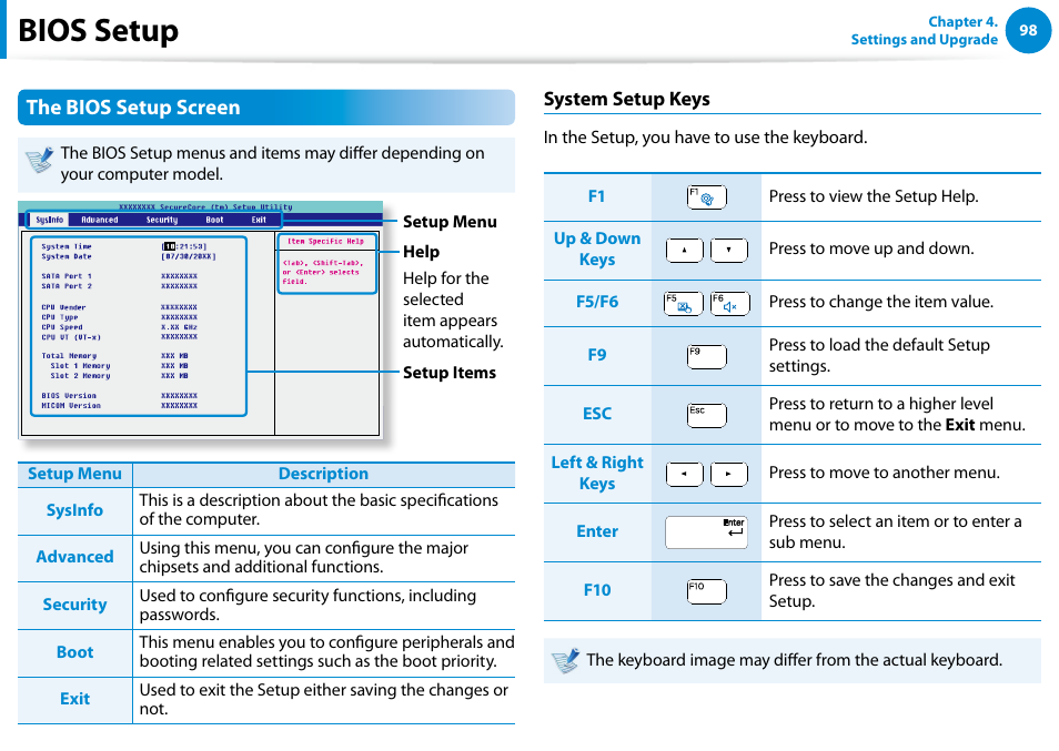 Bios setup, The bios setup screen | Samsung NP700Z5A-S09US User Manual | Page 99 / 156