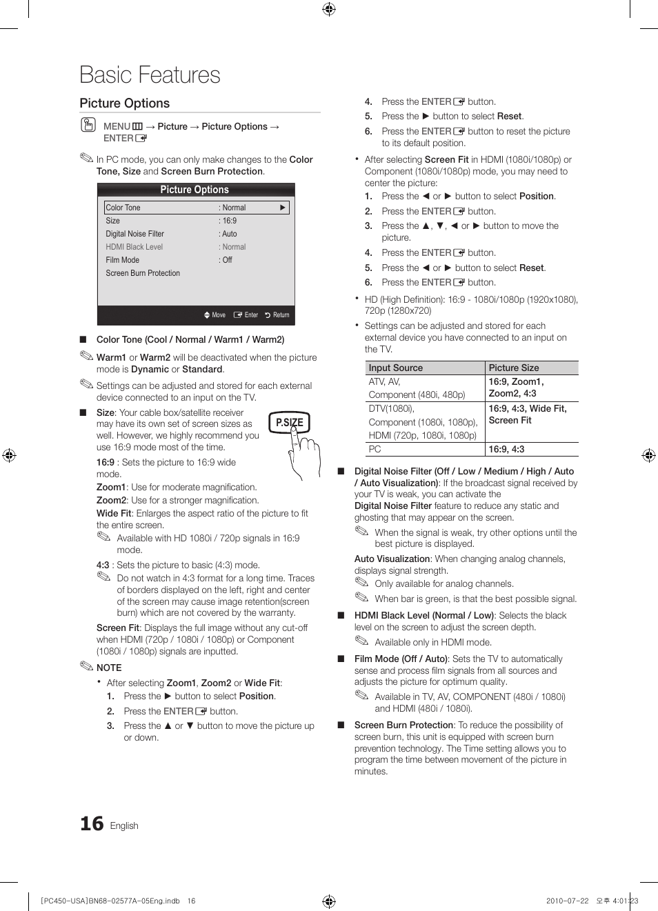 Basic features, Picture options | Samsung PN50C450B1DXZA User Manual | Page 16 / 38