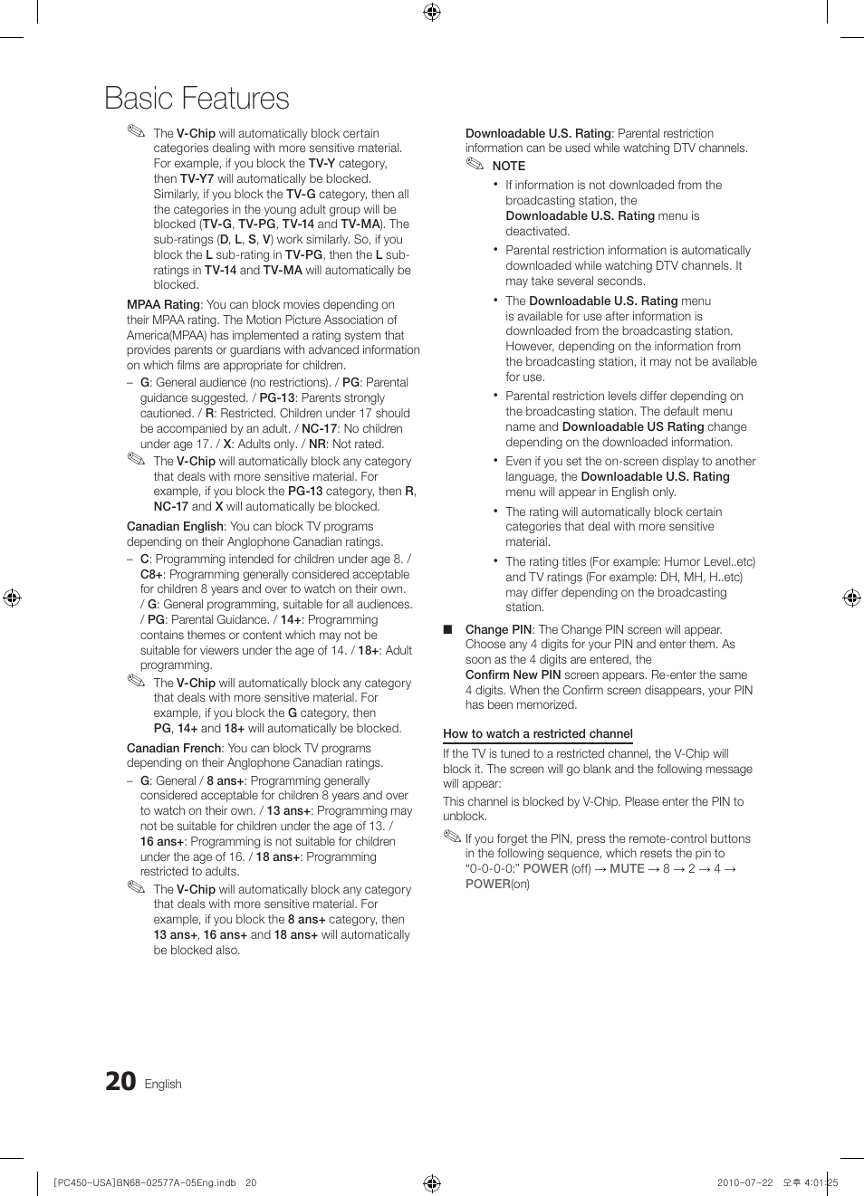 Basic features | Samsung PN50C450B1DXZA User Manual | Page 20 / 38