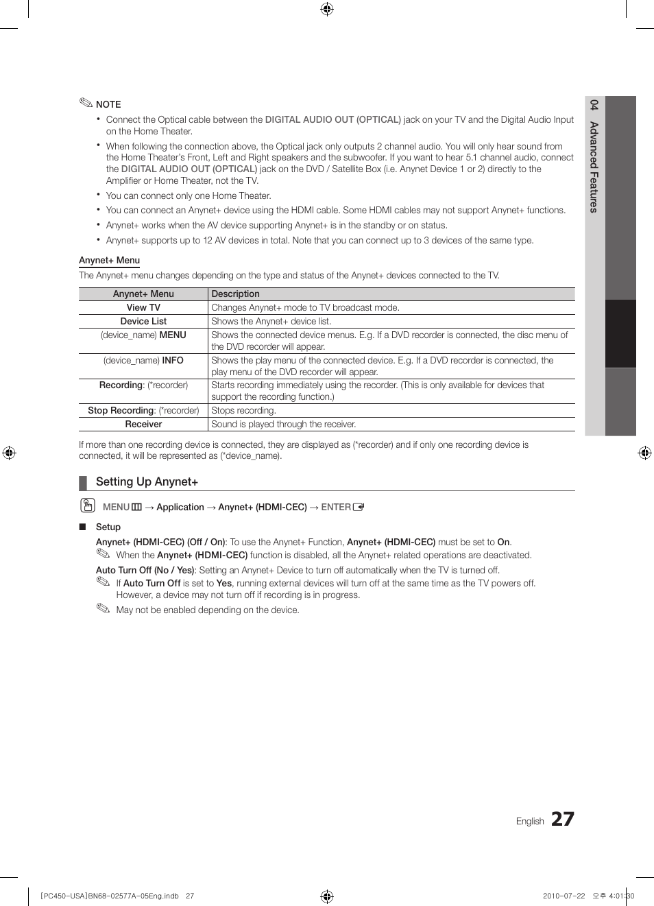 Setting up anynet | Samsung PN50C450B1DXZA User Manual | Page 27 / 38